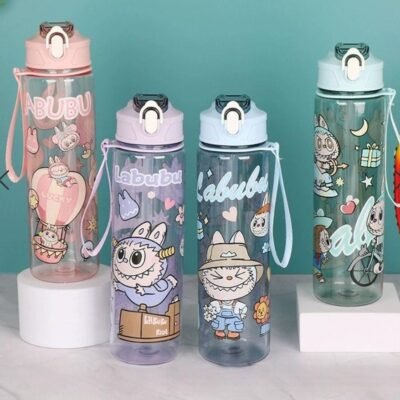Portable Cartoon Labubu Water Bottle (750ml) Kawaii Large Capacity Water Cup With Straw Travel Kids