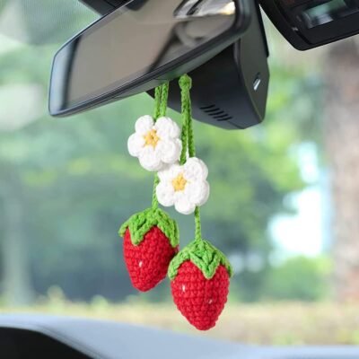 Handmade Crochet Red Strawberry and Flower Car Rear View Mirror Hanging Ornament - Cute Aesthetic Car Accessories for Women and Teens